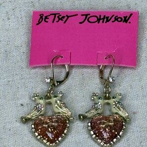 Betsey Johnson Vintage Hey Valentine Love Birds Dove Pink Glitter Heart Earrings